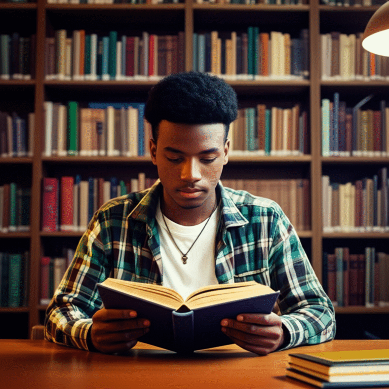 Acesso à Informação Jovem lendo livro em biblioteca