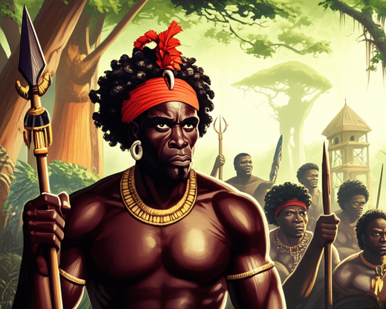 Zumbi dos Palmares liderando guerreiros quilombolas.