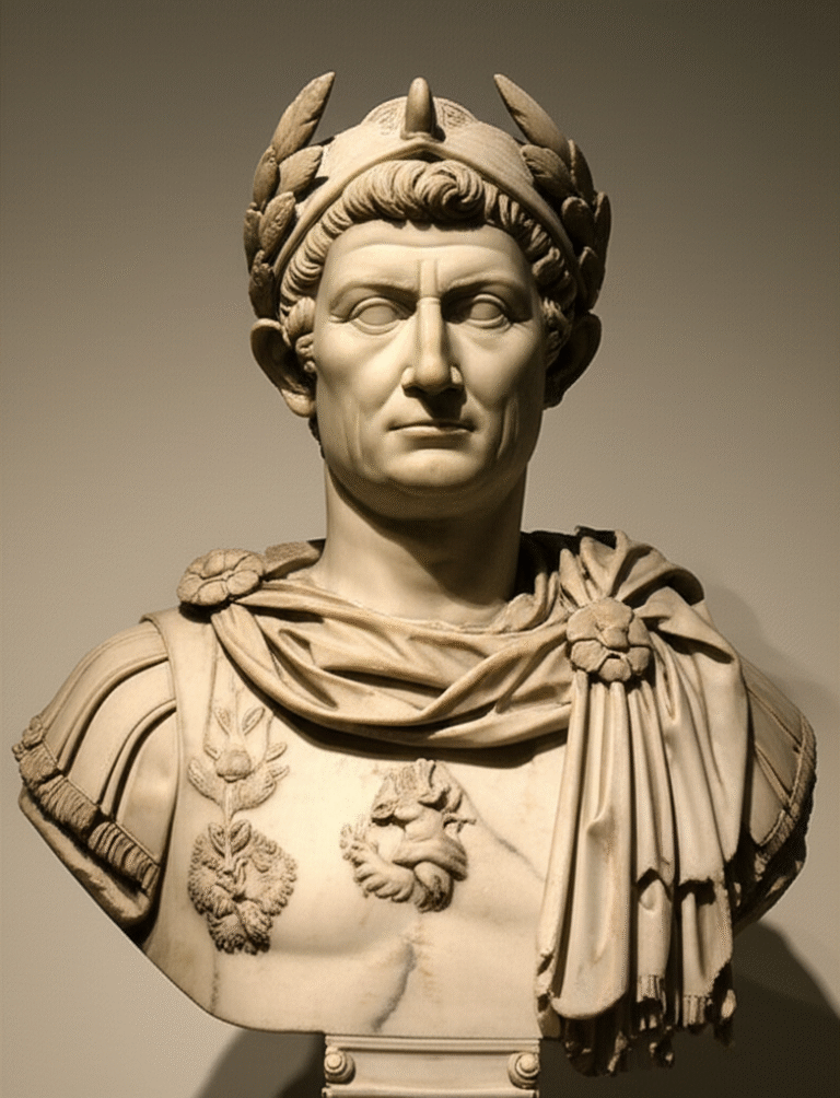 Propaganda Imperial Romana Busto de Imperador Romano com toga, simbolizando poder e propaganda.
