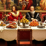 Banquete Real do Renascimento com mesa farta e convidados elegantes