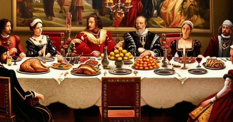 Banquete Real Renascentista Banquete Real do Renascimento com mesa farta e convidados elegantes