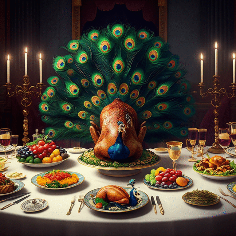 Banquete com Pavão Assado Mesa real com pavão assado e outros pratos exóticos