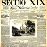 Jornal antigo com texto e ilustração