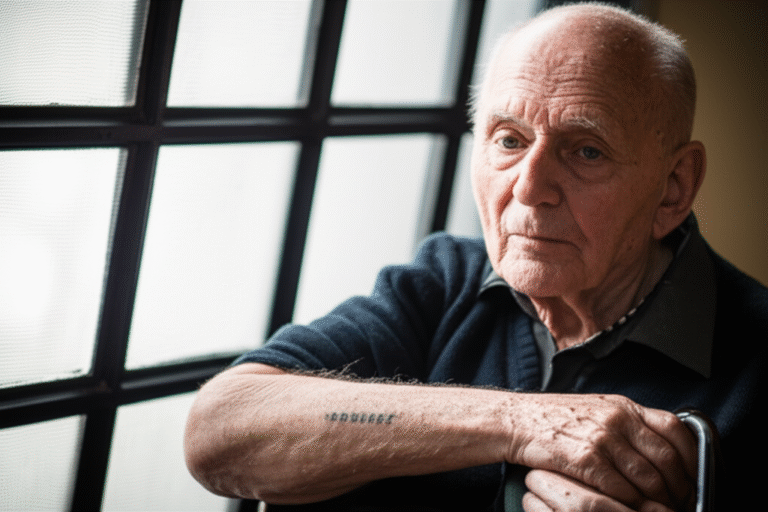 Holocausto - Testemunho Sobrevivente do Holocausto mostrando o número tatuado em seu braço