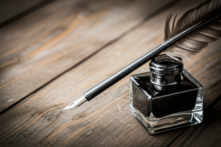 Escrita Pessoal e Censura Pena de pena e tinteiro em uma mesa de madeira rústica