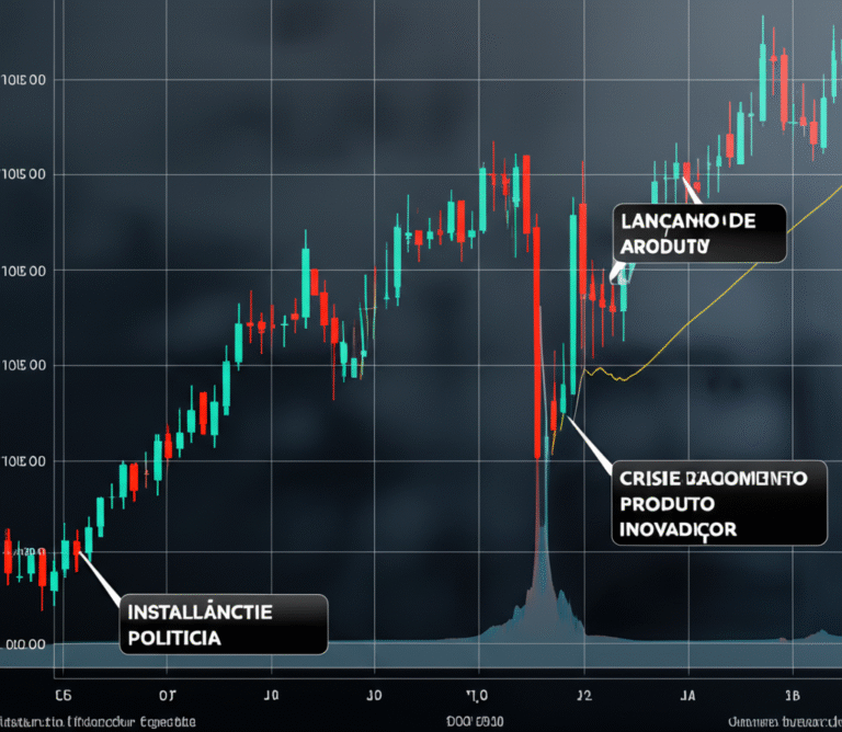 O Impacto das Notícias no Mercado Financeiro Gráfico mostrando a flutuação do mercado financeiro impactado por notícias históricas.